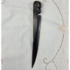 African Hand Carved Tribal Head Wooden Bust Letter‎ Opener Knife 10" Vintage